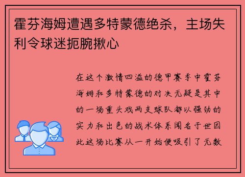 霍芬海姆遭遇多特蒙德绝杀，主场失利令球迷扼腕揪心